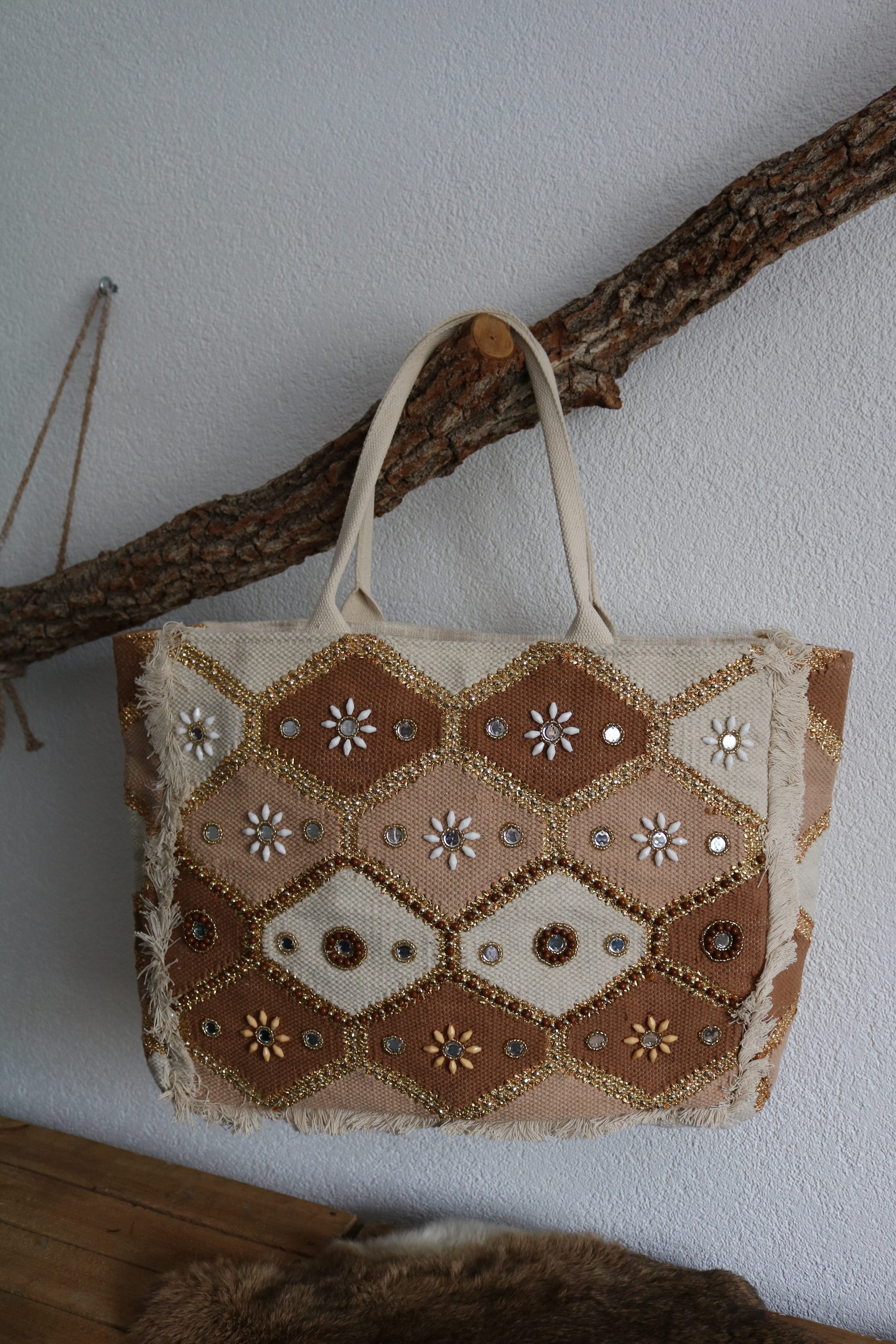 Strandtas (leer/canvas)