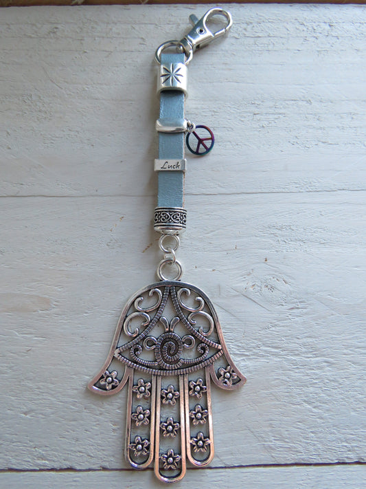 Sleutelhanger/tashanger van leer (hamsa hand)