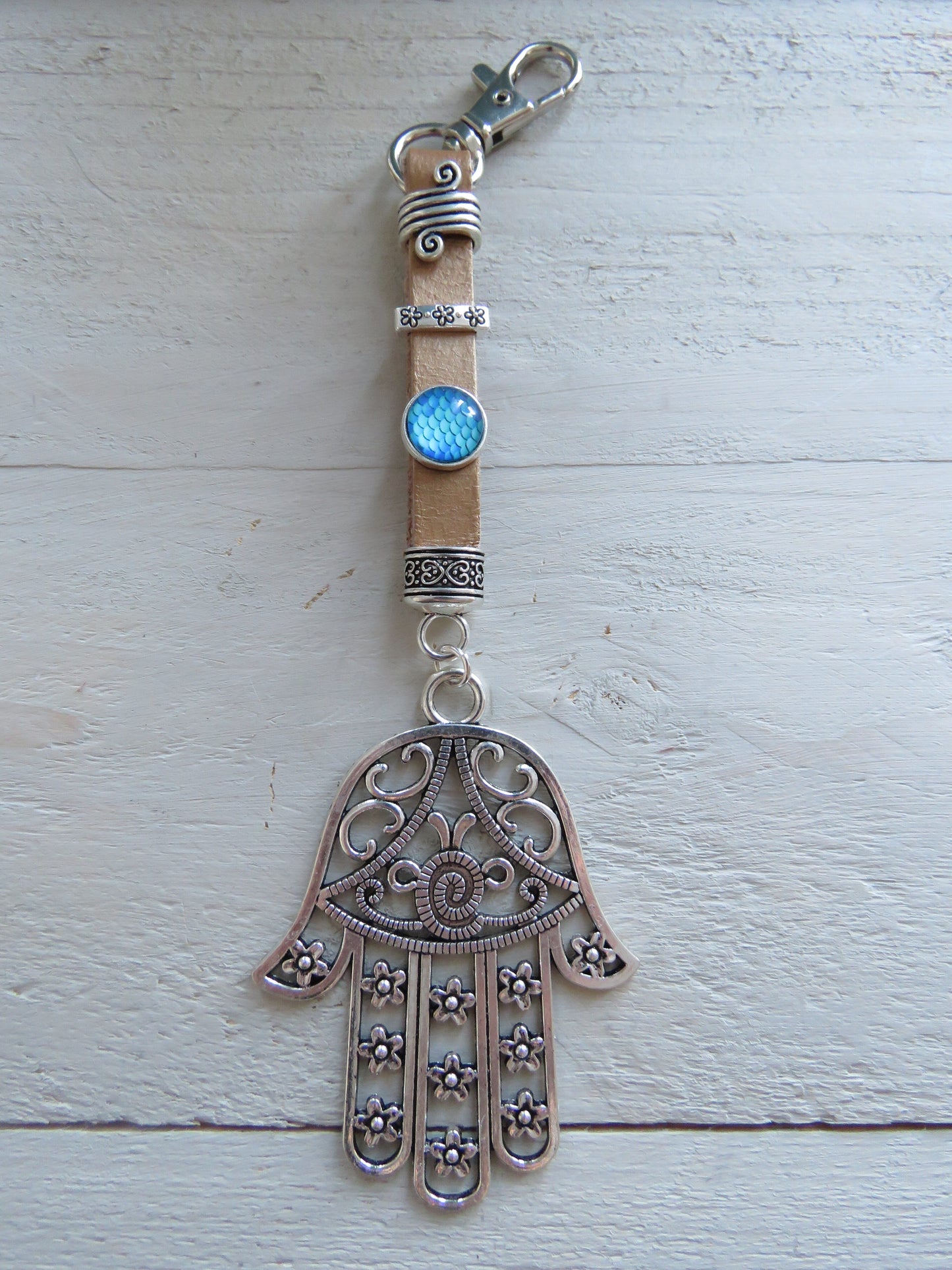 Sleutelhanger/tashanger van leer (hamsa hand)