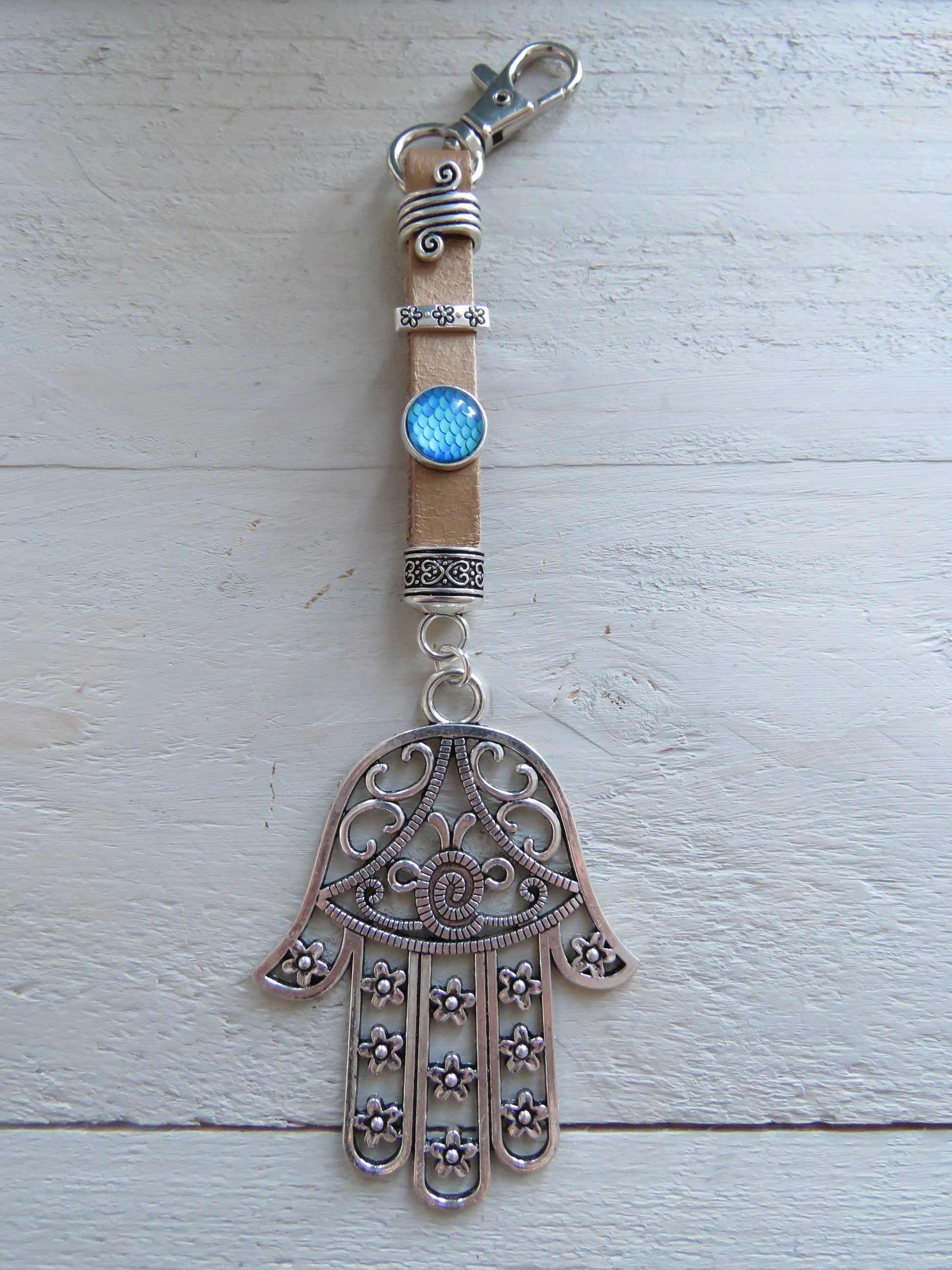 Sleutelhanger/tashanger van leer (hamsa hand)