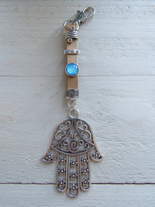 Sleutelhanger/tashanger van leer (hamsa hand)