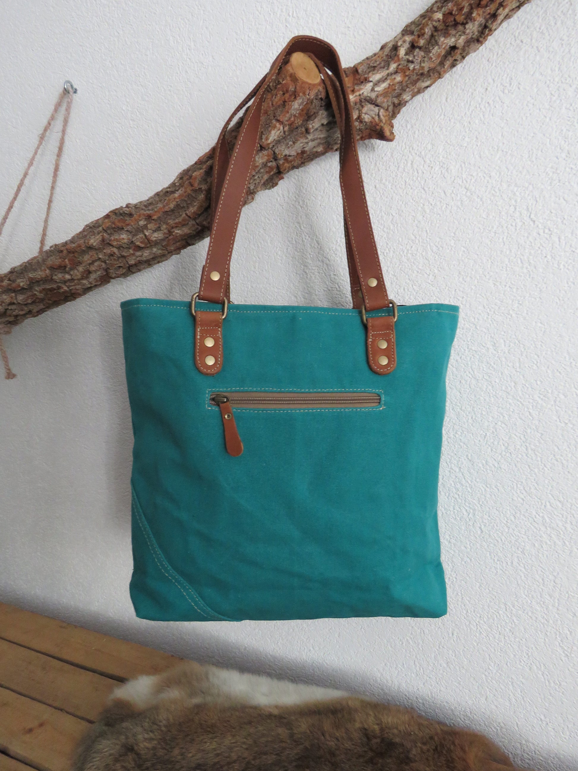 hand/schoudertas van canvas (leer)