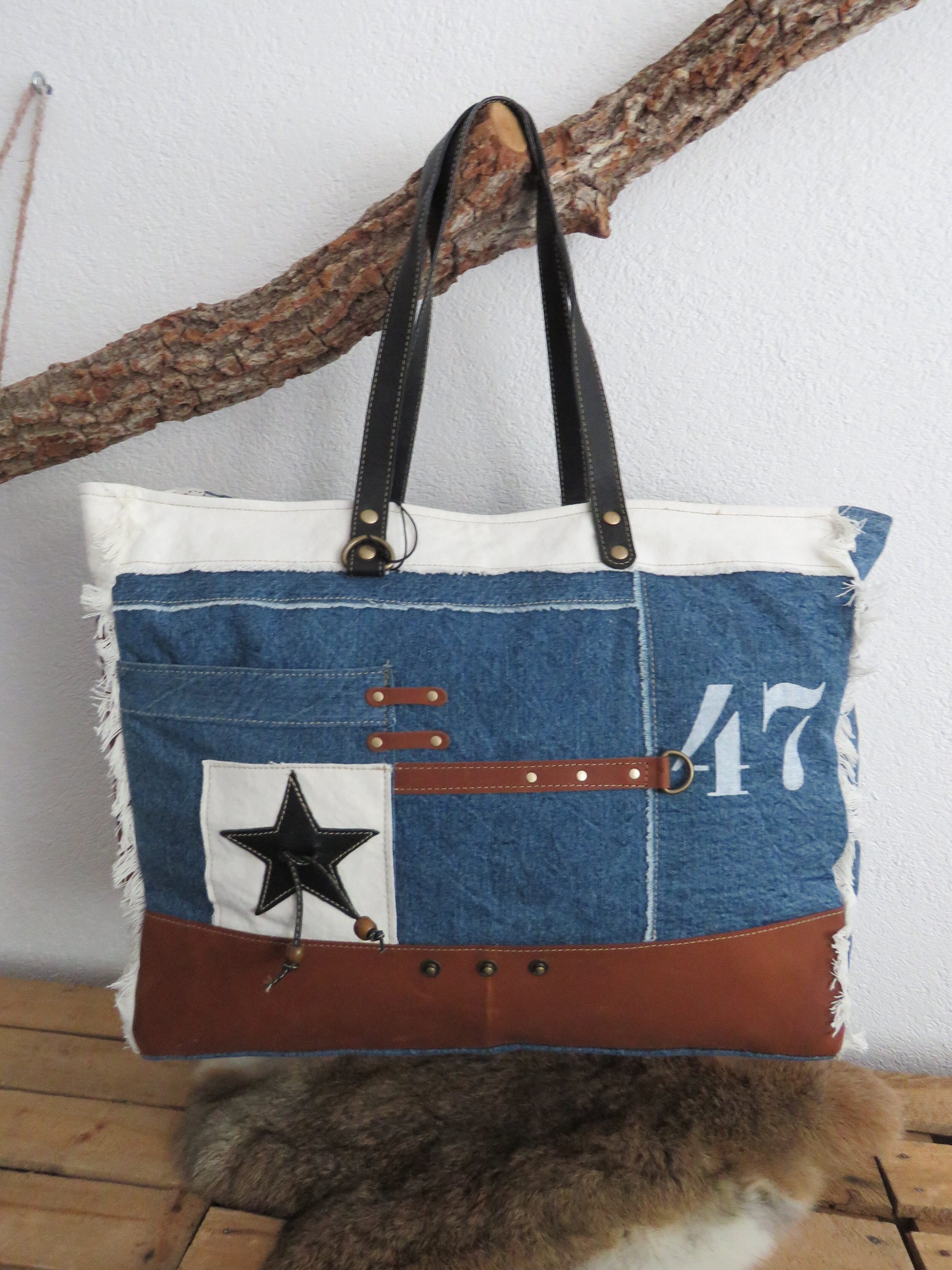 schoudertas/strandtas XXL tas van canvas en leer