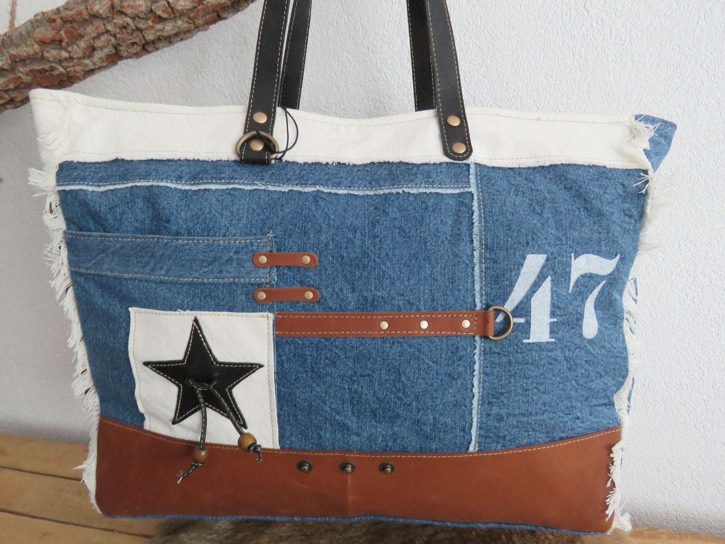 schoudertas/strandtas XXL tas van canvas en leer